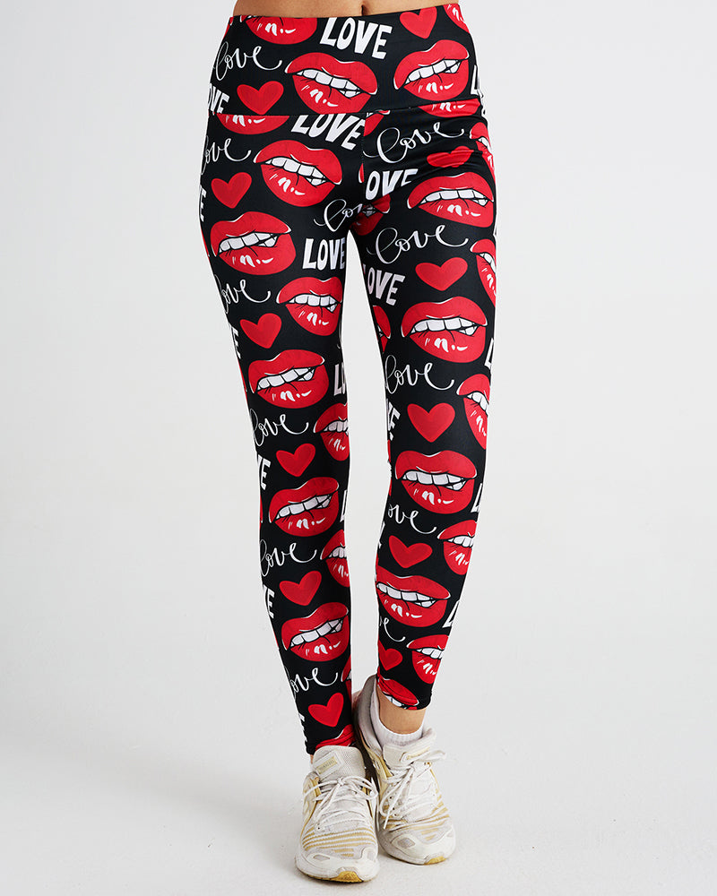 Love Sexy Lips Print Sports Women Pants Red S-2XL