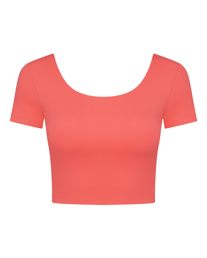 Women Back Ruched O-neck Short Sleeve Crop Top Sports T-shirt(with bra Pad) 4-12