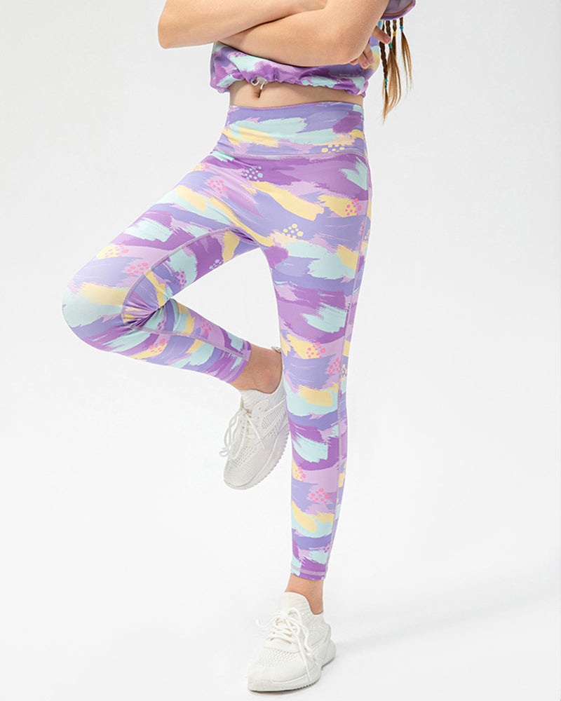 Kids Girls Tie-dye Short Sleeve Sports T-shirt Slim Fitness Leggings Sets Two Piece Yoga Sets 120-150