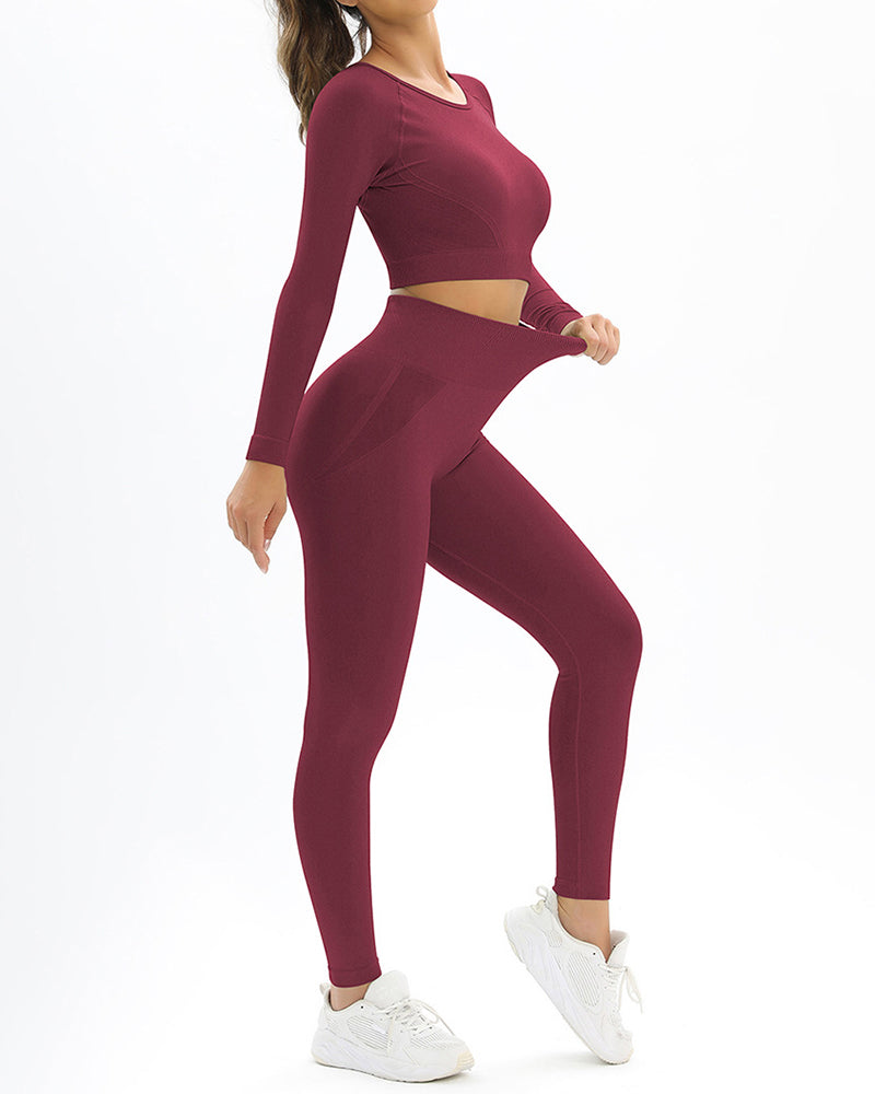 Long Sleeve Solid Color Backless Yoga Two-piece Set S-L Pants Sets