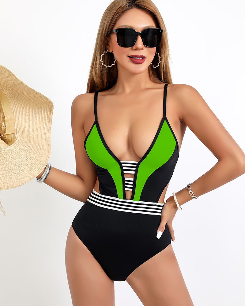 Colorblock Deep V-neck Design One Piece Swimsuit S-XL