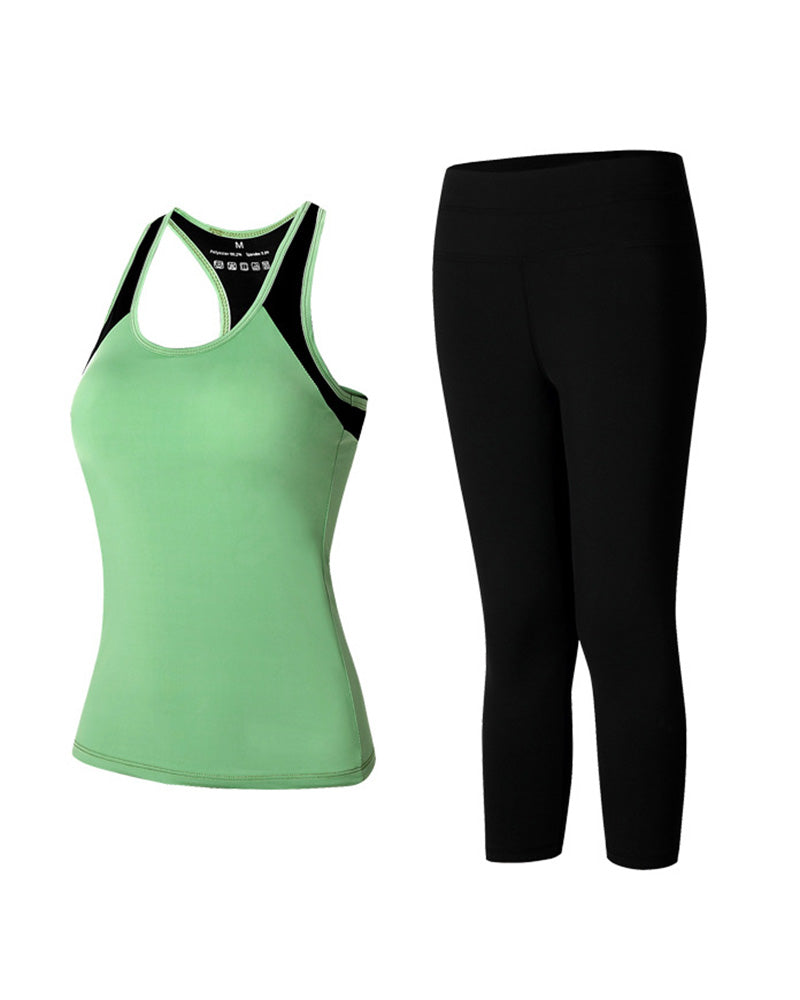 Women Sleeveless Vest Slim Leggings Sports Running Yoga Two-piece Sets Rosy Wine Red Green Yellow M-2XL