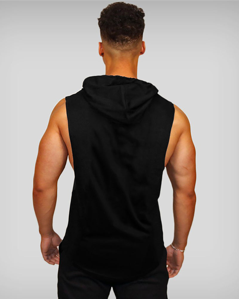 Muscular Men Bodybuilding Fitness Vest Sports Hooded Vest Letter Loose Hurdle Training Sleeveless Top M-2XL