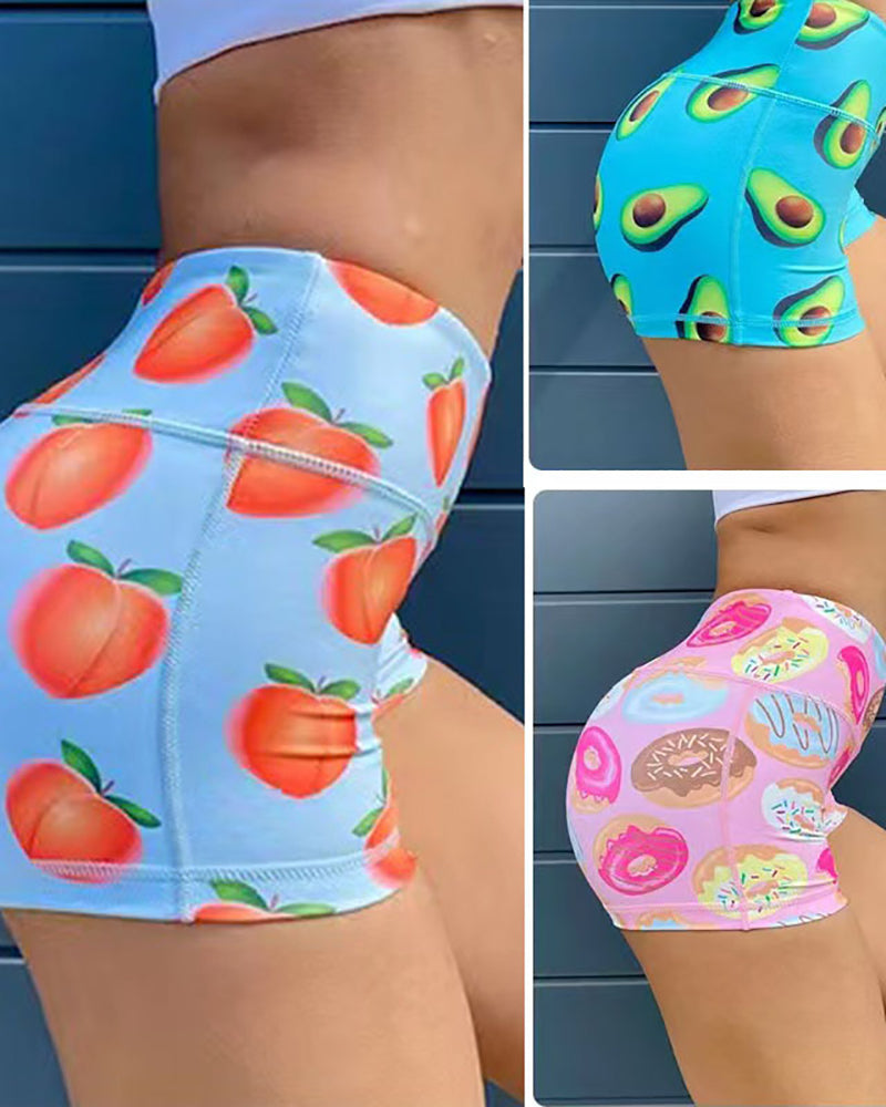 High Waist Fruit Cute Printing Sports Back Wrinkles Shorts S-L