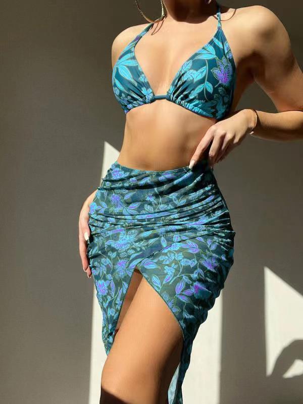 Leaf Printed Women New Beach 3 Piece Set Swimwear