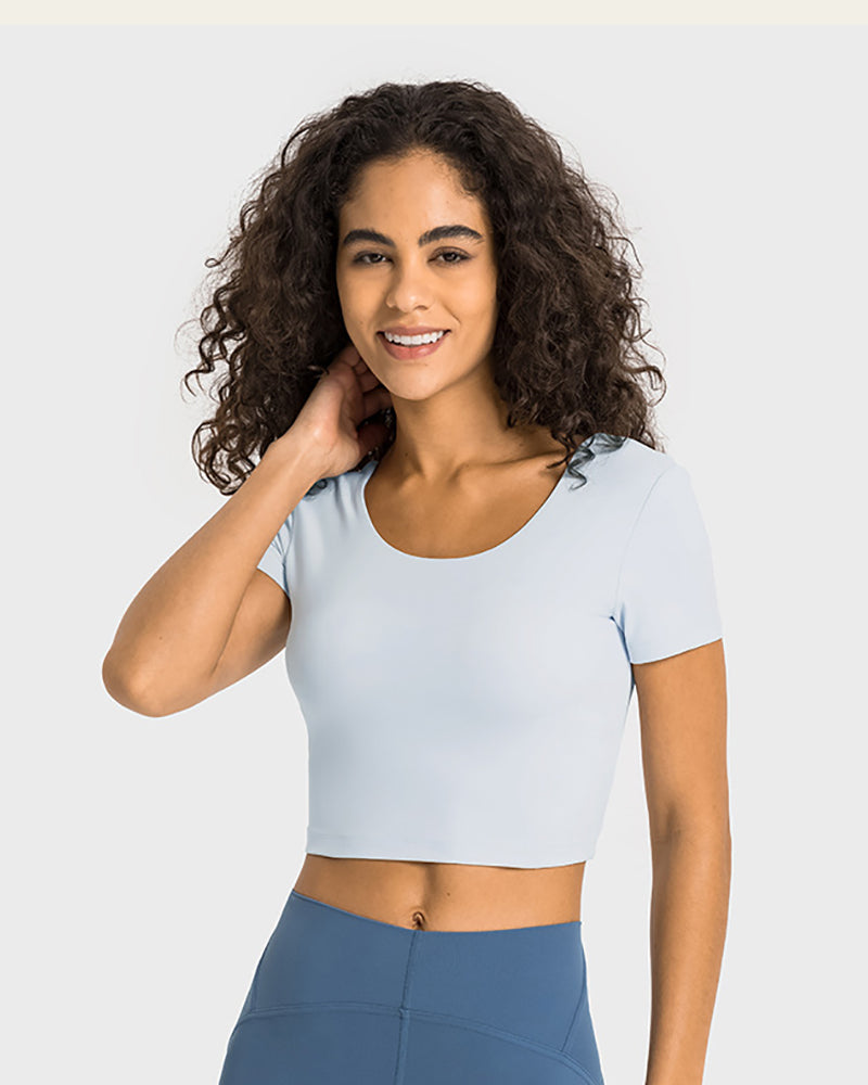 Women Back Ruched O-neck Short Sleeve Crop Top Sports T-shirt(with bra Pad) 4-12