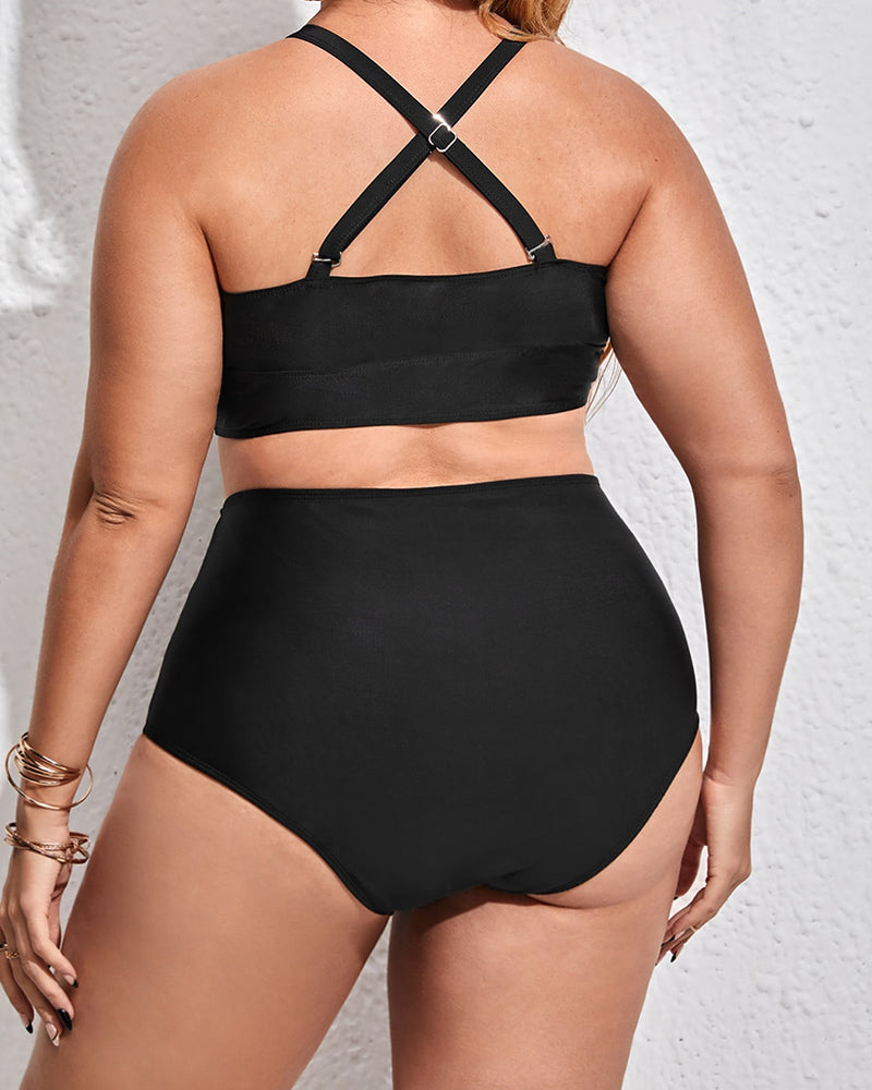 V-neck High Waist Bikini Women Plus Size Swimwear Green Black L-4XL