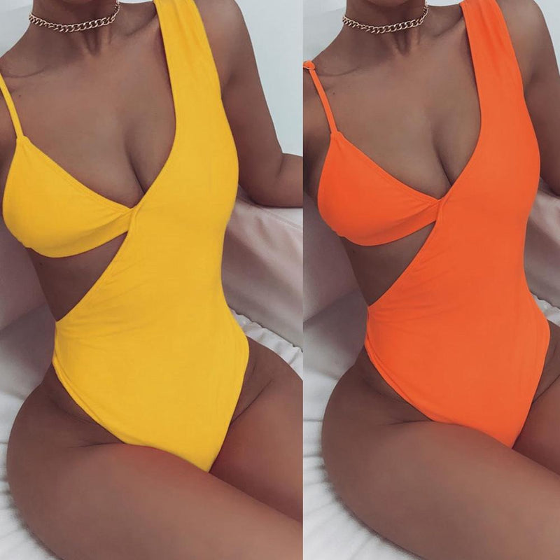 Solid Color Hollow Out Women One-piece Swimsuit S-L OM20669