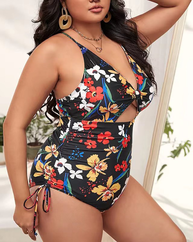 Women Florals Printing Hollow Out Backless High Waist Plus Size Swimsuit L-4XL