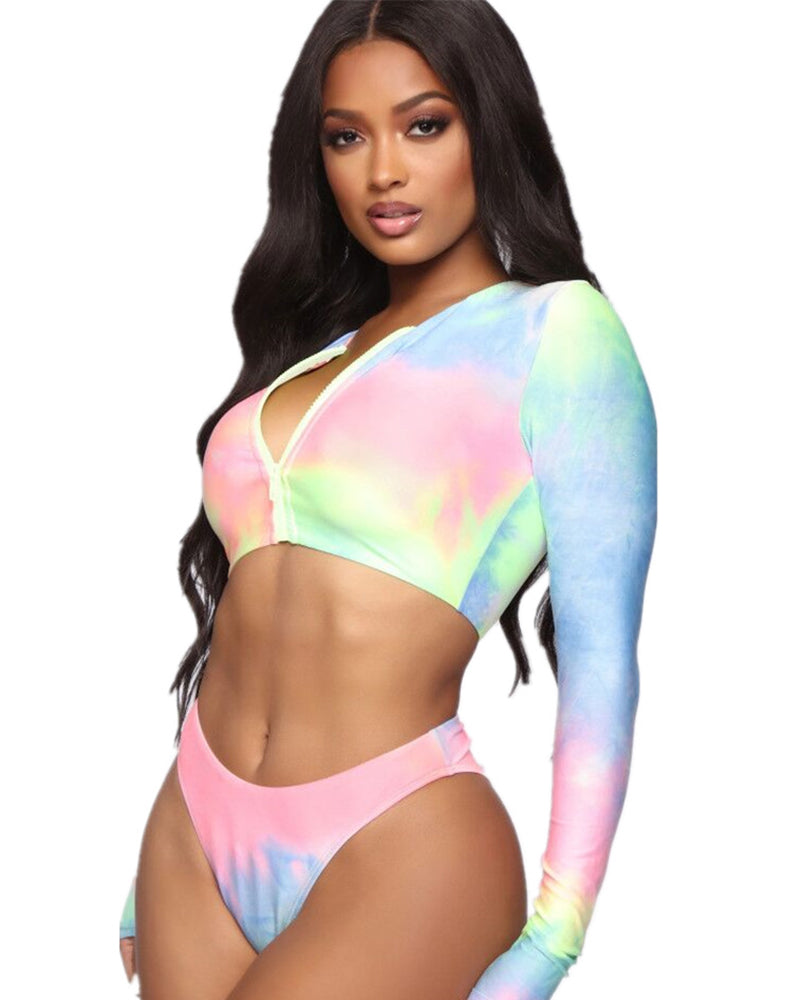 Women Tie Dye Long Sleeve Zipper Two Piece Swimwear S-XL YY10074