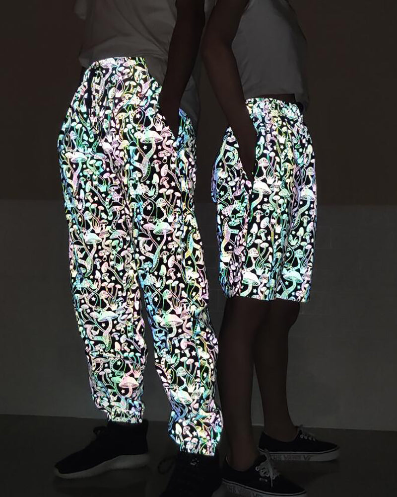 Ladies Fashion Cartoon Mushroom Print Color Reflective Pants Men&