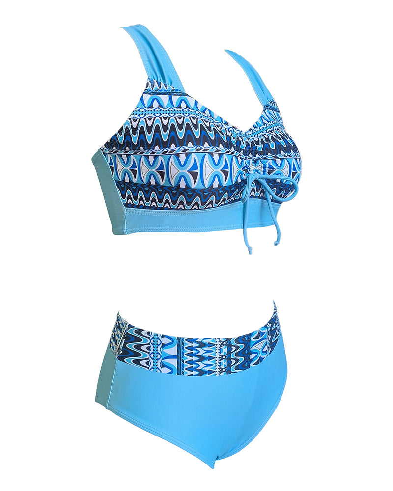 Women Printed V Neck High Waist Sexy Bikini Two-piece Swimsuit Blue S-2XL