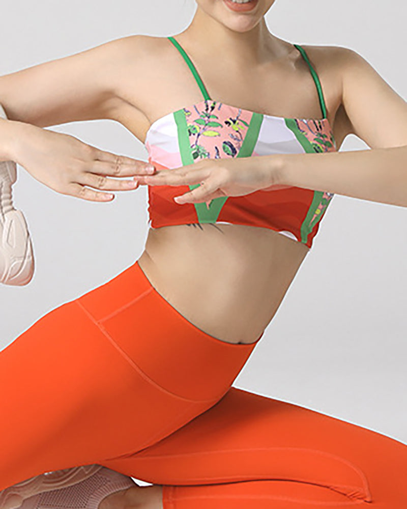 Women Printed Sports Wear Running Yoga Two-piece Sets Orange S-L Pants Sets