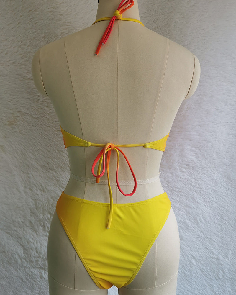 Women Halter Neck Gradient Color Sexy Hollow Out High Waist One-piece Swimsuit Green Orange S-4XL