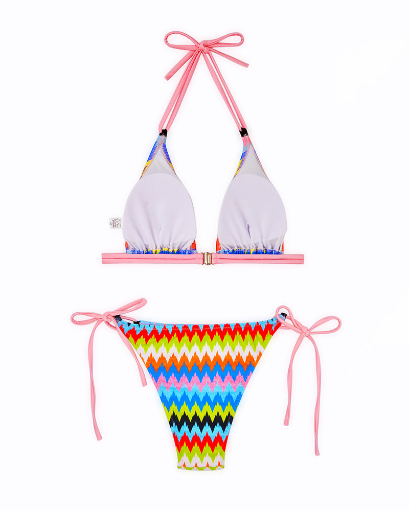 Rainbow Striped Halter Neck Tie Side String Sexy Women Bikinis Two-piece Swimsuit S-XL