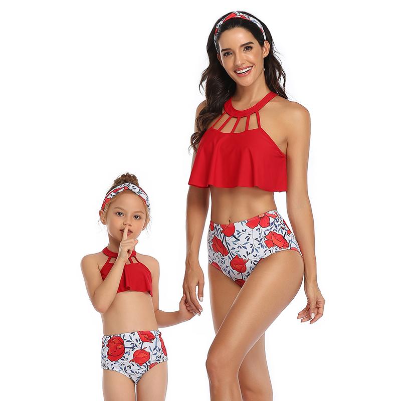 Beauty Floral Ruffle Strap Mom&Child Swimsuit S-XL OM20676