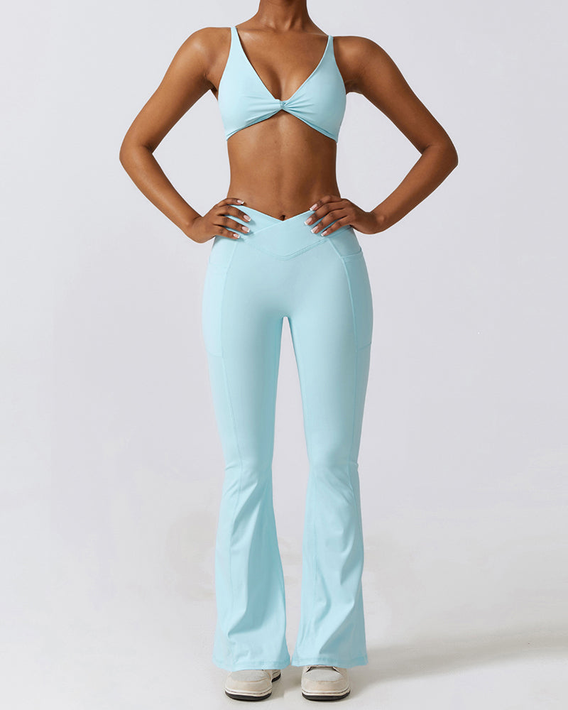 V Neck Sports Bra Side Pocket Yoga Two-piece Flared Pants Sets S-XL