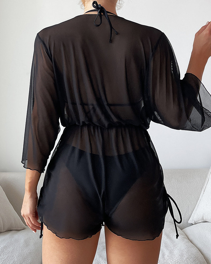 Women Solid Color Long Sleeve High Waist Cover Bikini Three-piece Swimsuit White Black Green Wine Red Yellow Rose Red S-XL