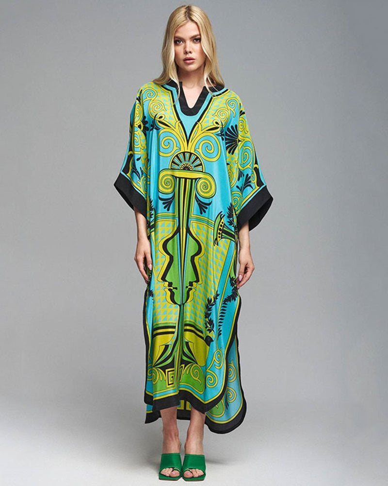 Loose Boho Printed Classy Elegant Beach Cover Ups Orange Blue Yellow Green Black Yellow One Size