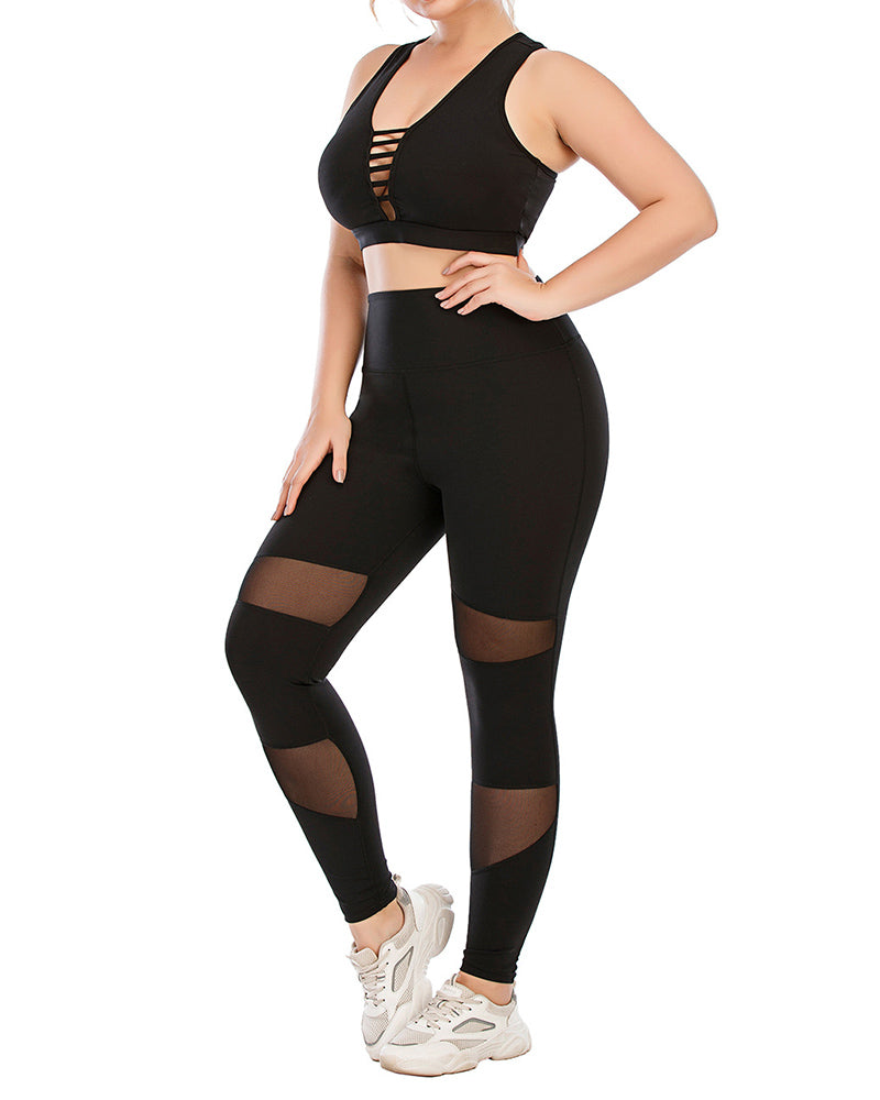 Wholesale Women Hollow Out Sports Bra Patchwork Compression Leggings Plus Size Yoga L-3XL