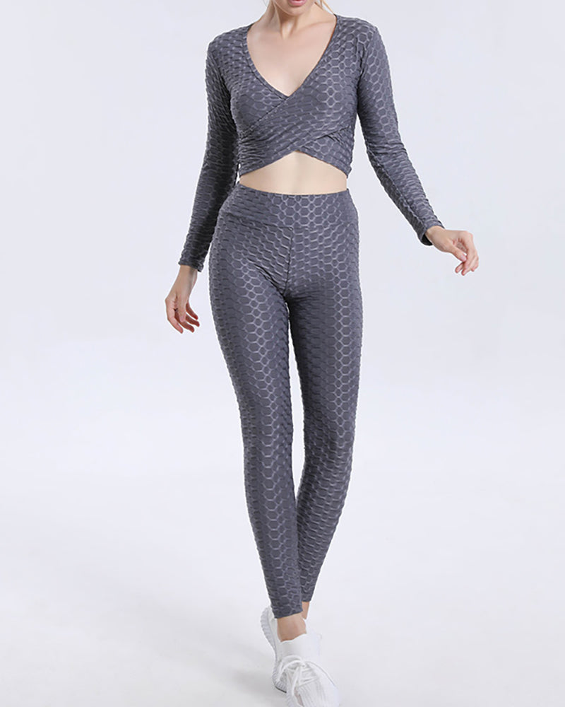 Jacquard Bubble Sexy Cross Long Sleeve Top High Waist Fitness Pants Yoga Suit Set Solid Color S-XXL