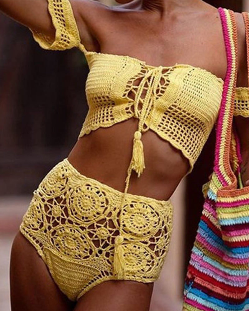 Swimsuit Women Crochet Hand Made Bikini Push Up High Waist Bathing Suit Beachwear Swimwear Biquini Beach Bikini OM25991