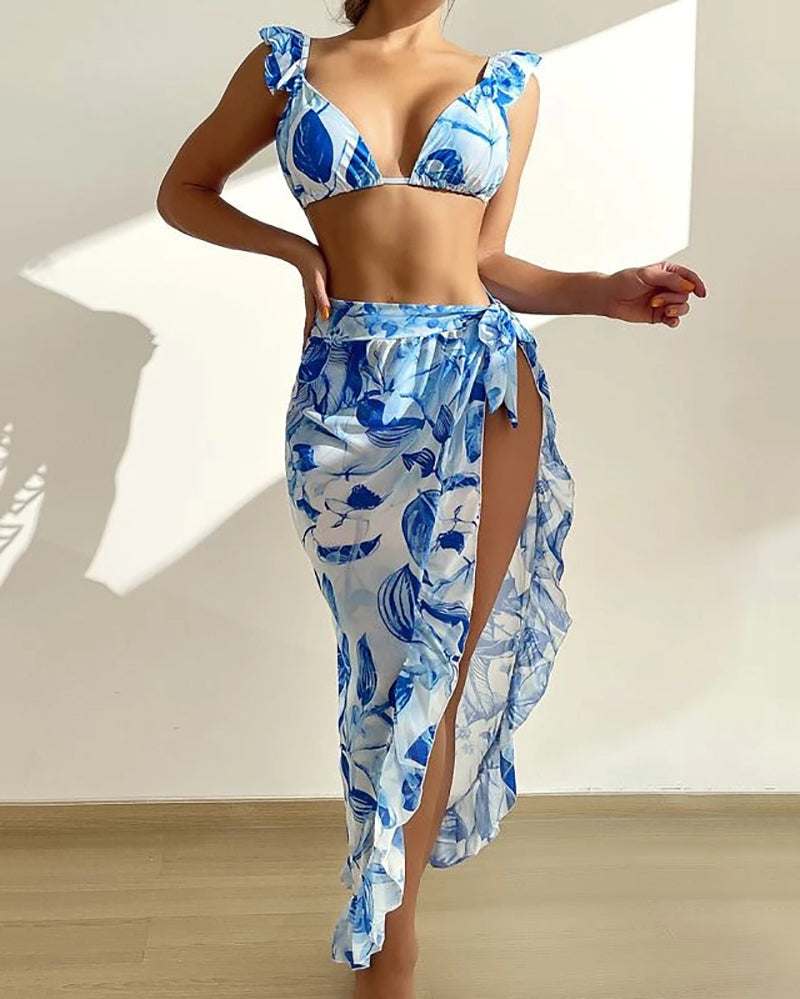 Women Ruffles Strappy Florals Printed Boho Three-piece Swimsuit S-XL