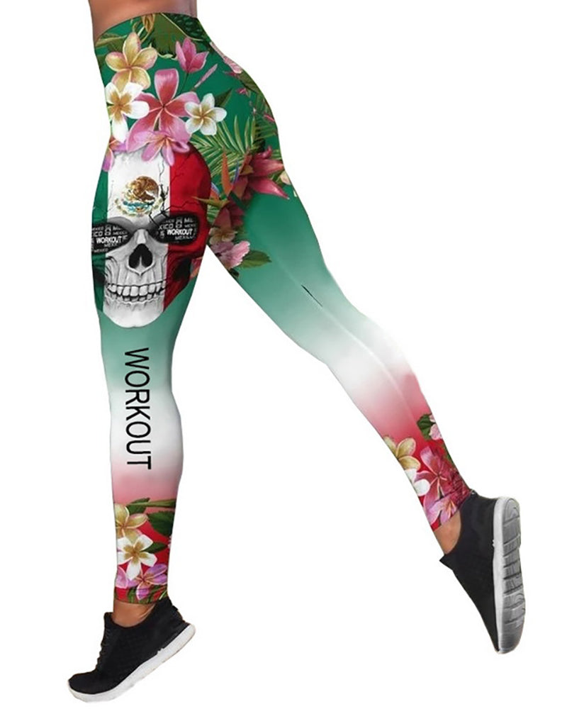 Women Casual Yoga Sport Pants Skull Rose Print 3D Trousers Leggings