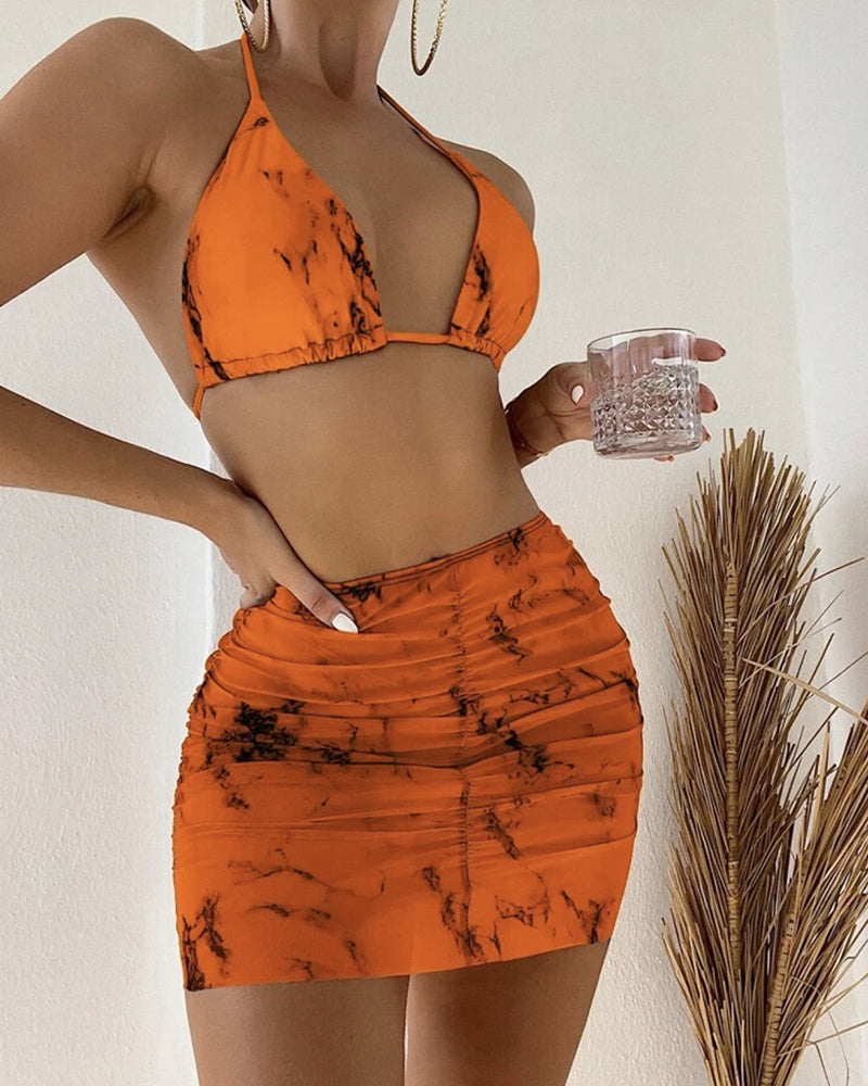 Fashion Printed New Style Lady Halter Neck High Waist Three-piece Swimsuit Brown White Orange Blue S-L