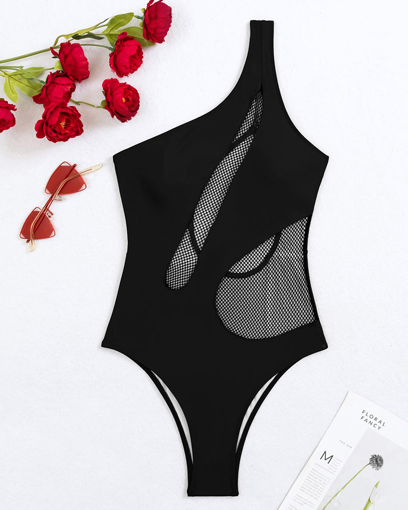 Women Halter Neck One Shoulder Mesh High Waist One-piece Swimsuit Black White Red S-XL