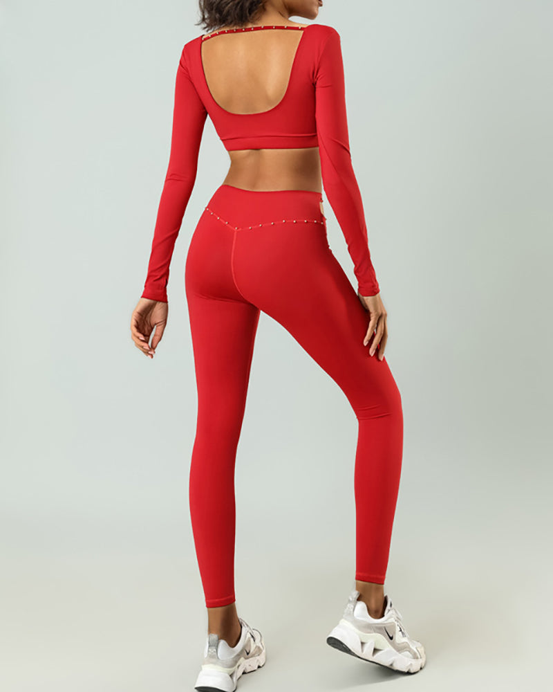Women Long Sleeve Hollow Out Sexy Yoga Two-piece Set S-XL