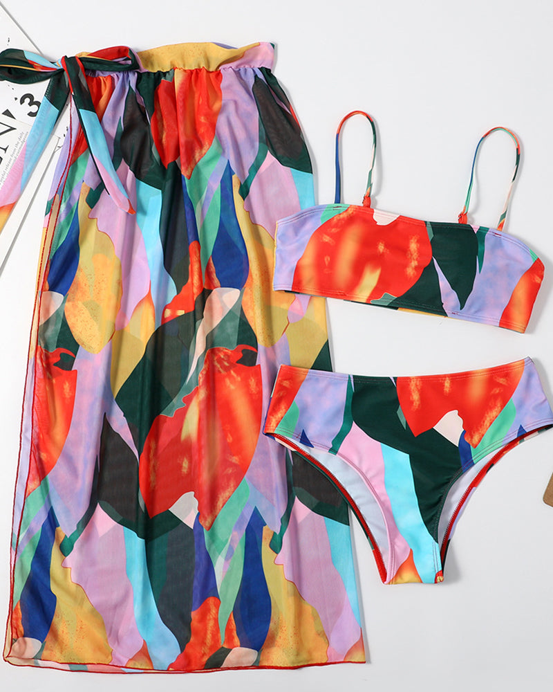 Fashion Printed Women Sexy Colorblock Three-piece Swimsuit Yellow Red Green Light Purple Pink Blue Orange S-XL YY10015