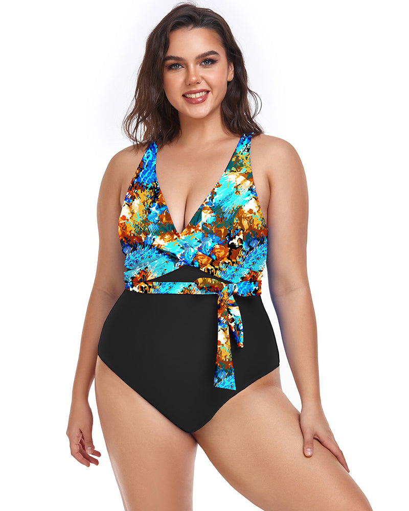 Women V Neck Sexy Wrap One Piece Plus Size Swimwear L-4XL