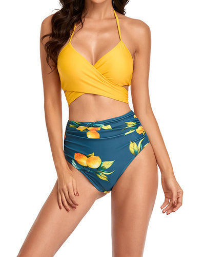 Sexy Floral Bikini Cross Bandage Split Swimsuit Tie Up High Waist Swimsuit