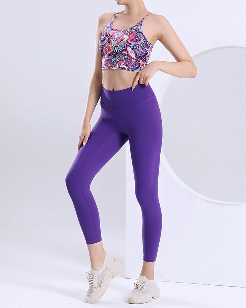 New Women Abstract Floral Sports Bra Fitness Yoga Two-piece Sets Purple S-L Pants Sets