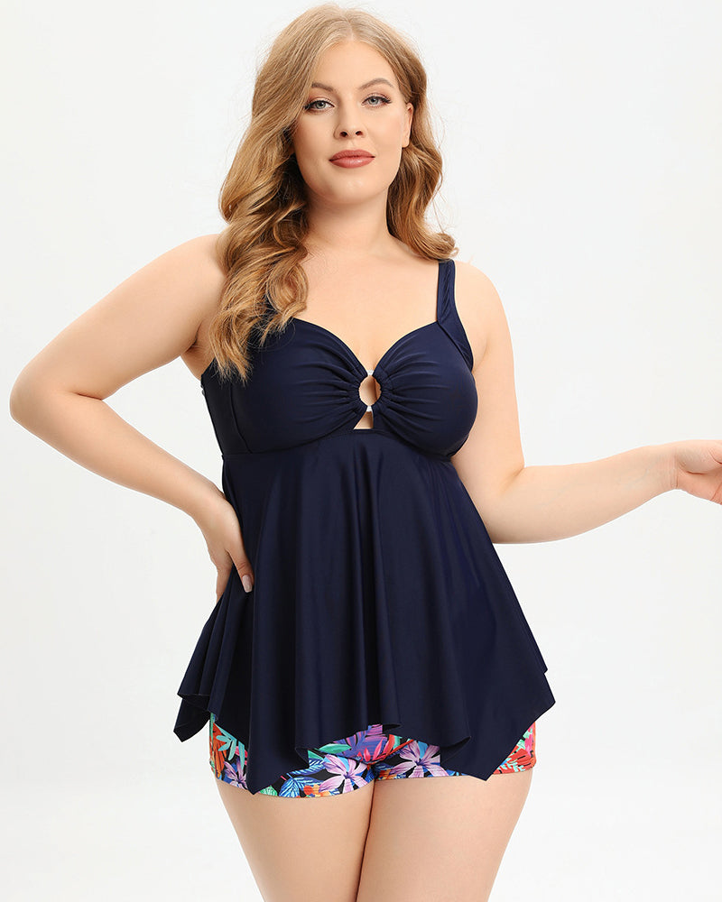 Women Florals Summer Women V-neck Plus Size Swimwear Blue Navy Blue Red Purple Black L-5XL