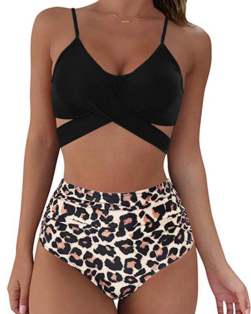 Lady Sexy Cross High Waist Leopard Print Two Piece Swimsuit S-XXL