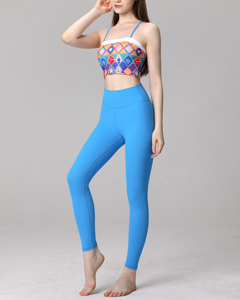 Ladies Retro Printed Bra Pants Sets Yoga Two-piece Sets Blue S-L