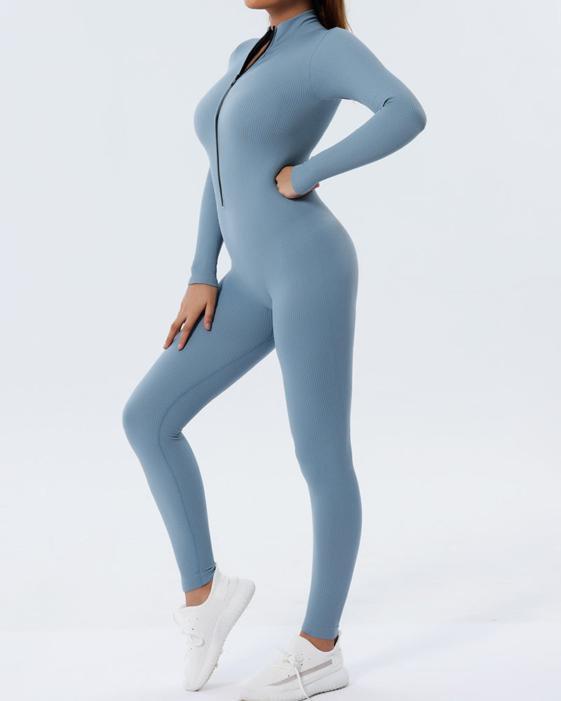 Women Slim Zipper Front Long Sleeve Yoga Jumpsuit Silver Pink Blue Black S-L