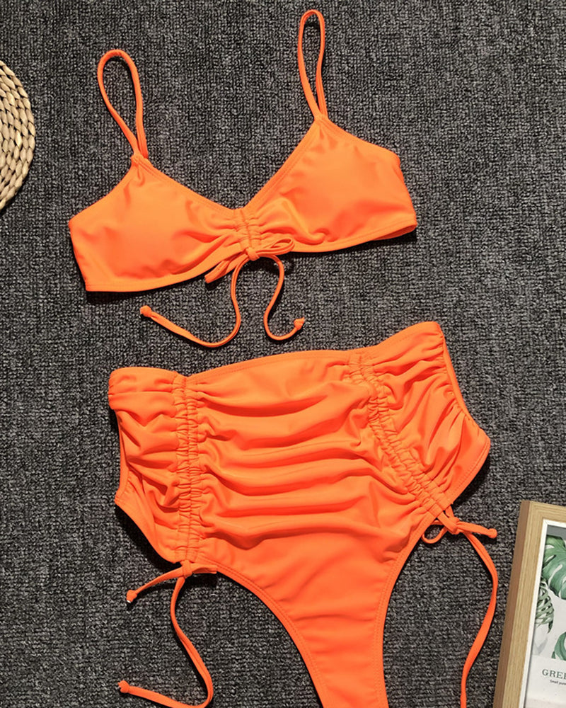 Solid Color High Waist Strappy Women Two-piece Swimsuit Beige Green Orange Black S-L