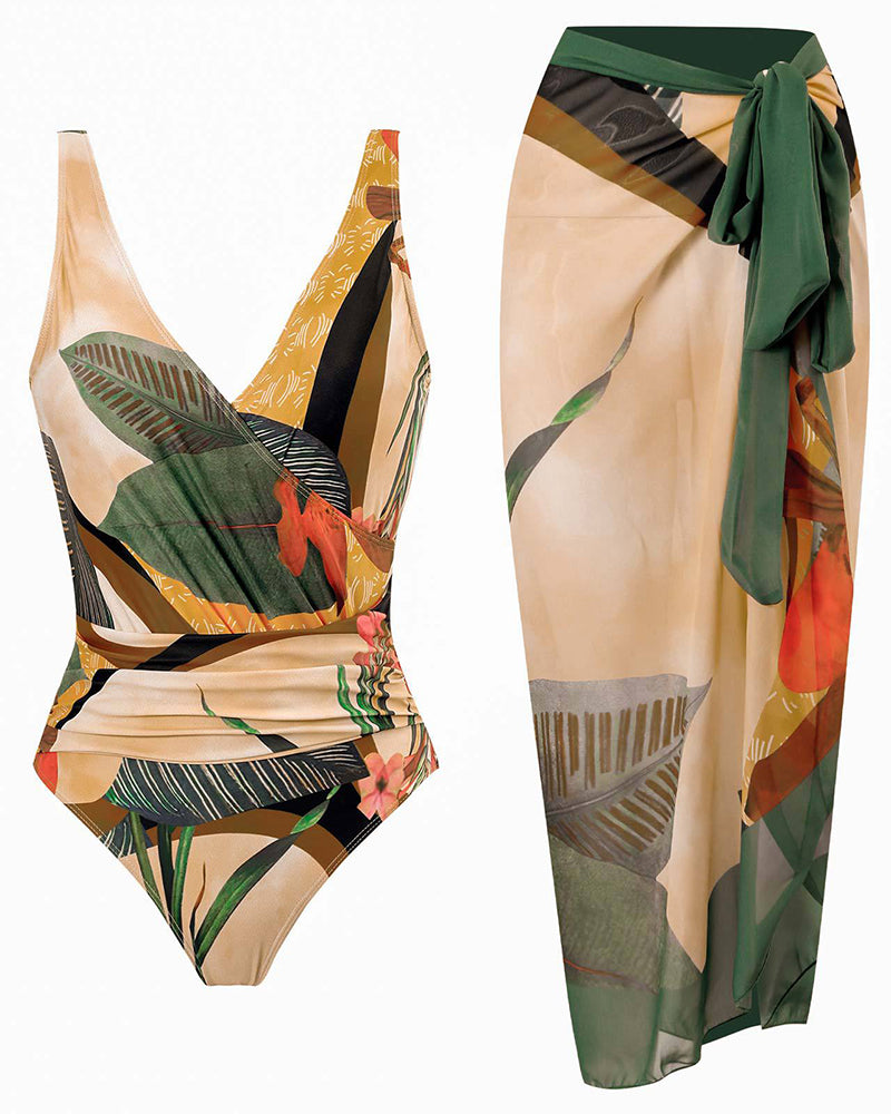 Boho Summer Sexy Printed V Neck Cover Up Two-piece Swimsuit S-XL