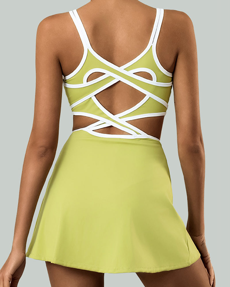 Women Sports Tennis Hollow Put Criss Cross Back Lined Tennis Dress Skirt S-L