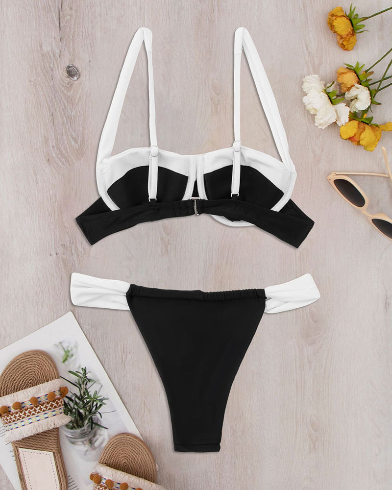 New Women Strap Colorblck Sexy Steel Bra Swim Bikinis Two-piece Swimsuit White Black S-XL