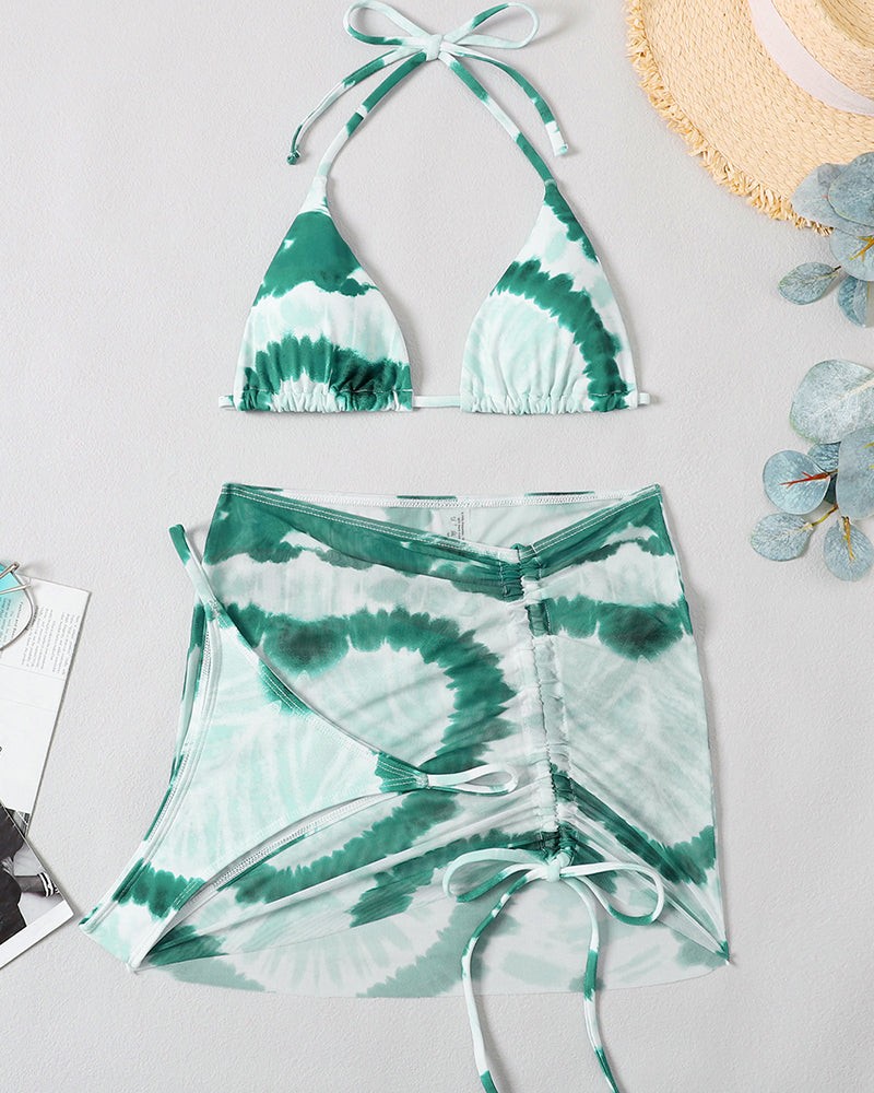 Women Mesh Sexy Strappy Printed Halter Neck 3 Piece Swimsuit With Skirt Green Khaki S-L