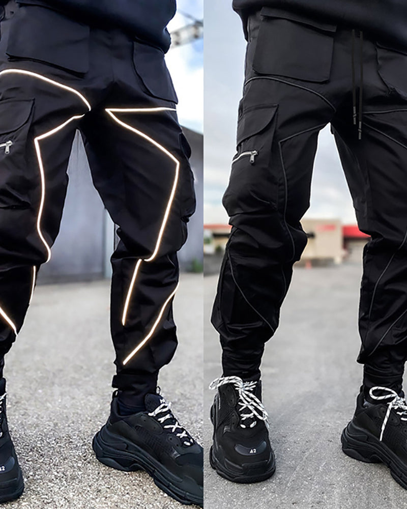 Summer Men Casual Steet Style Refletive Line Pocket Pants M-3XL Joggers