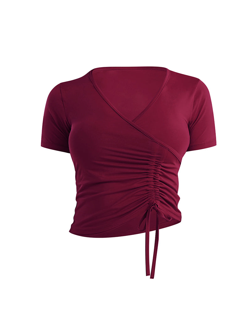 Summer New Short Sleeve Yoga Shirts Fitness Gym Women V-Neck Drawstring Design Crop Top Sports Elastic Dry Quick T Shirt