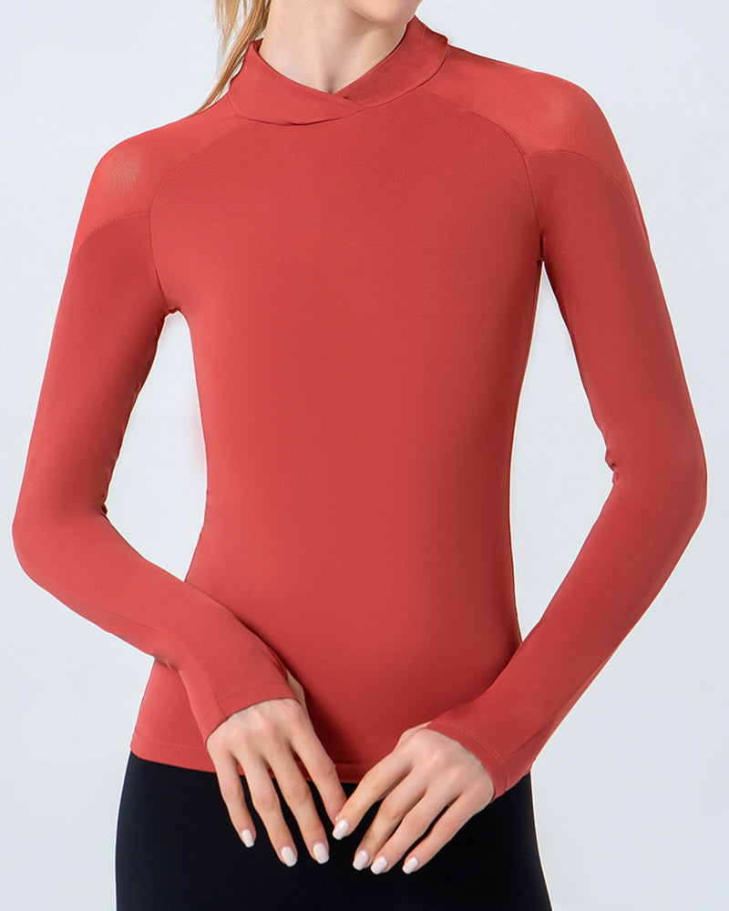 New Sheer Shoulder Long Sleeve Tight Slim Solid Color Fitness Top Blue Pink Red Yellow Black S-2XL