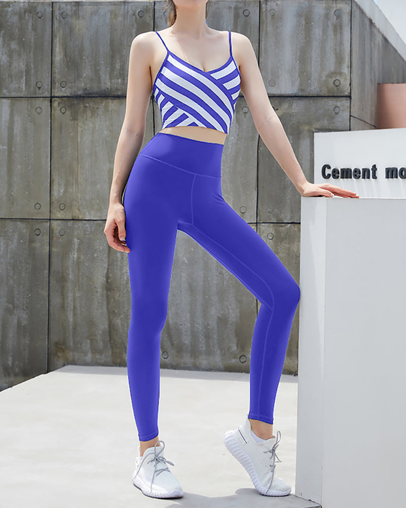 Hot Sale New Women Striped Printed Bra Yoga Two-piece Suits Blue Green Navy Blue S-L Pants Sets