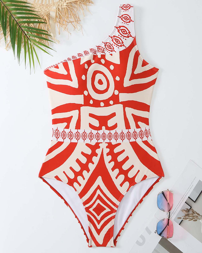 Sexy One Shoulder Fashion Printed Vocation Beach Pants Two-piece Swimsuit Red S-XL