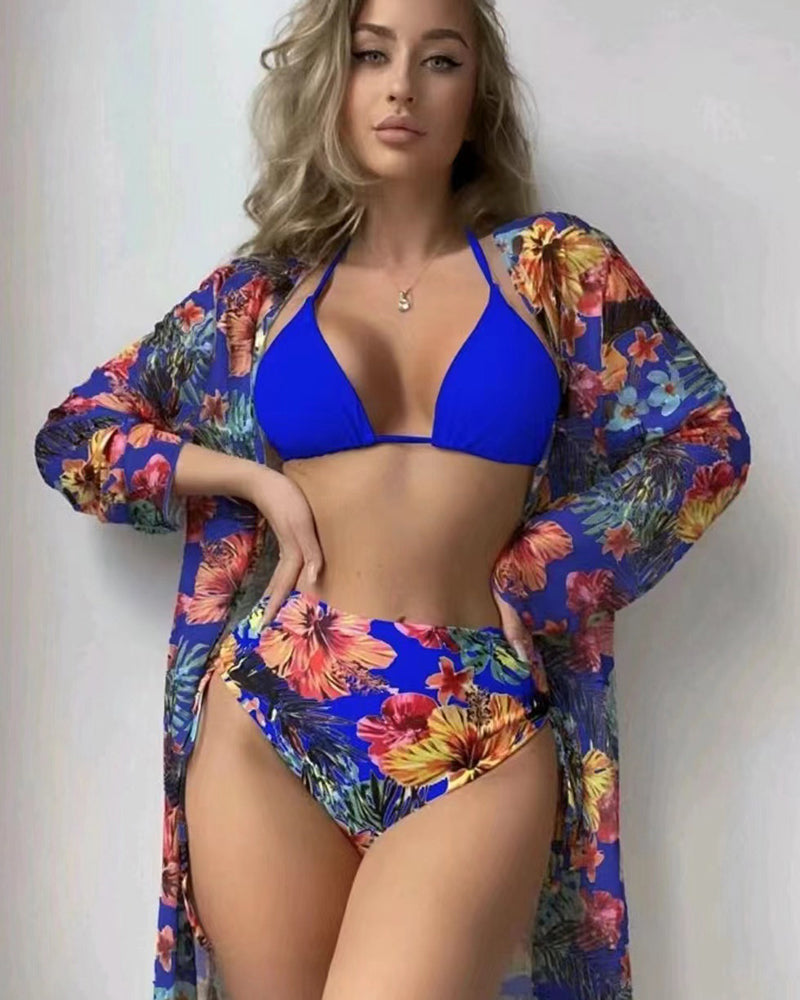 Floral Printed  Three  Piece Set Women Vacation Swimwear Set S-XL